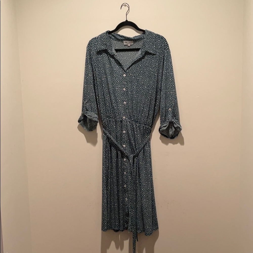 Green and White Poly Shirt Dress Elastic Waist